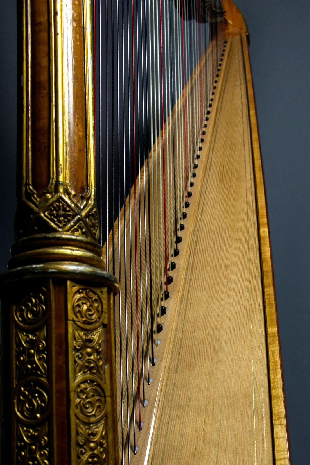 Close detail of harp strings and gilded column